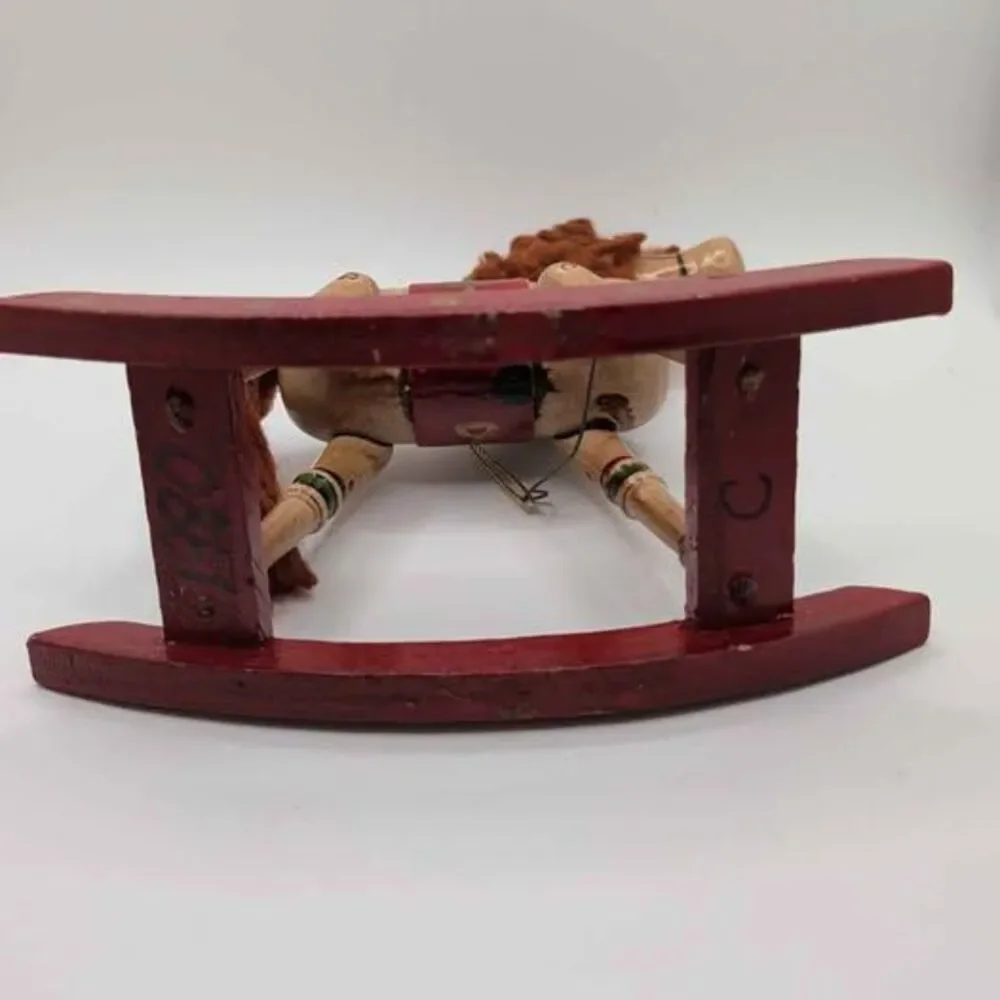 Vintage 1980 Wooden Rocking Horse Christmas Ornament Hand Painted Yarn Mane